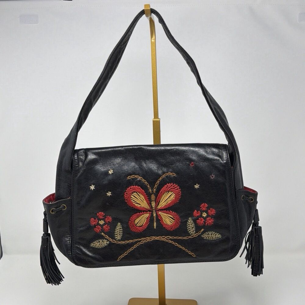 FRANCESCO BIASIA Vintage Black Leather Butterfly Embroidered Tassel Boho Bag
